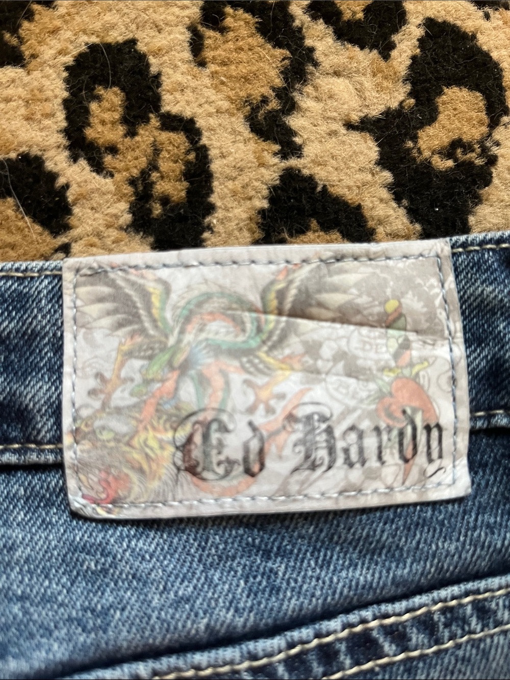 Ed Hardy Blue Denim Flare Jeans with Red Logo & Embroidered Dragon - Picture 9 of 11